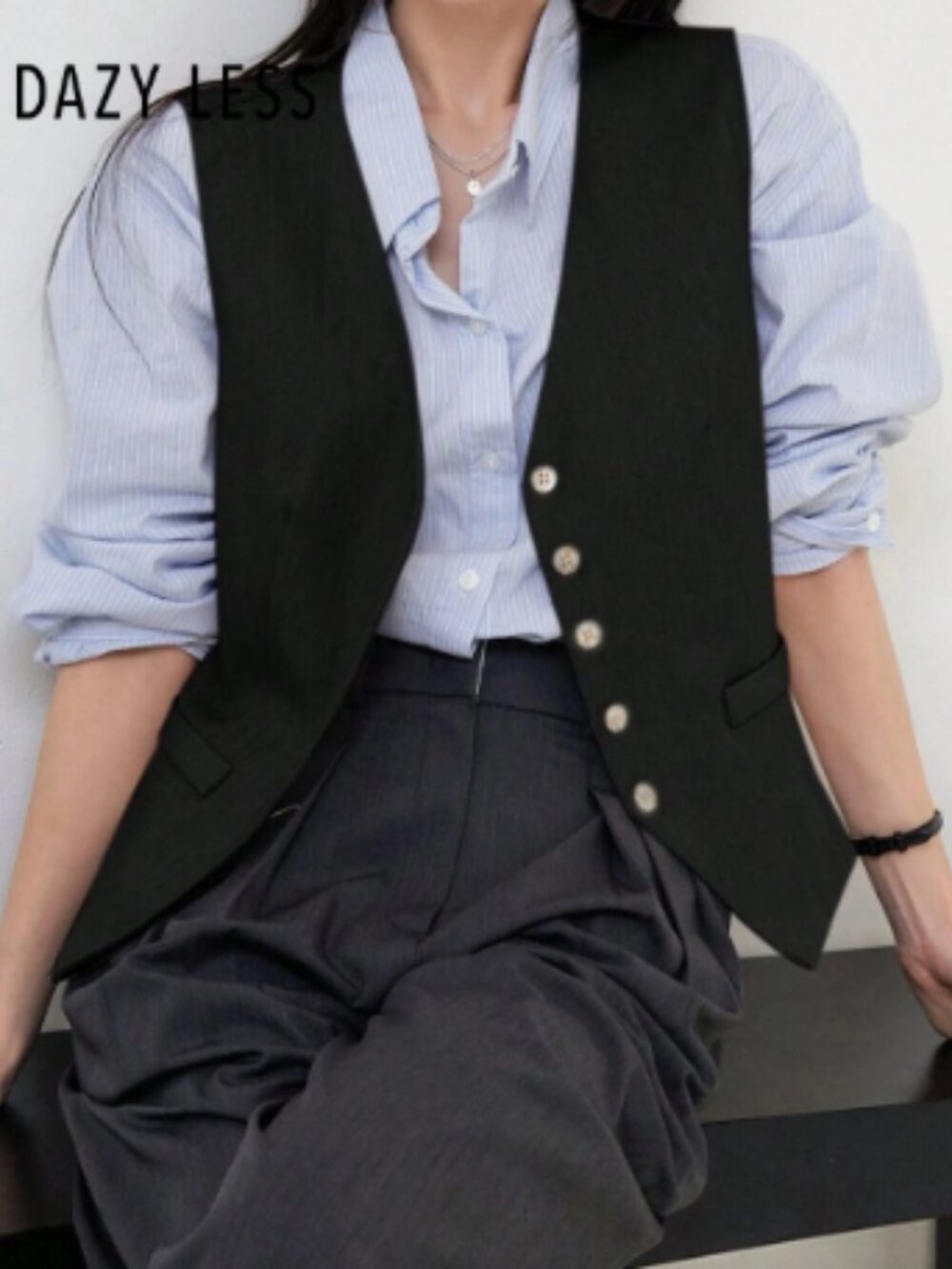 Korean Dazy-Less Women's Business Casual Single Breasted V-Neck Vet Old Money S